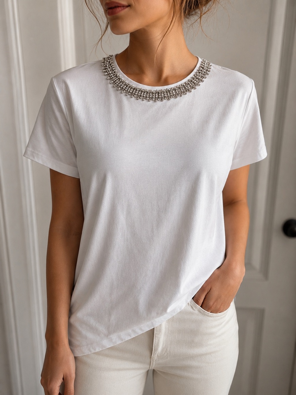 Bailey 44 White Cotton Short Sleeve Baby Tee Jewel Embellished Neckline Size L